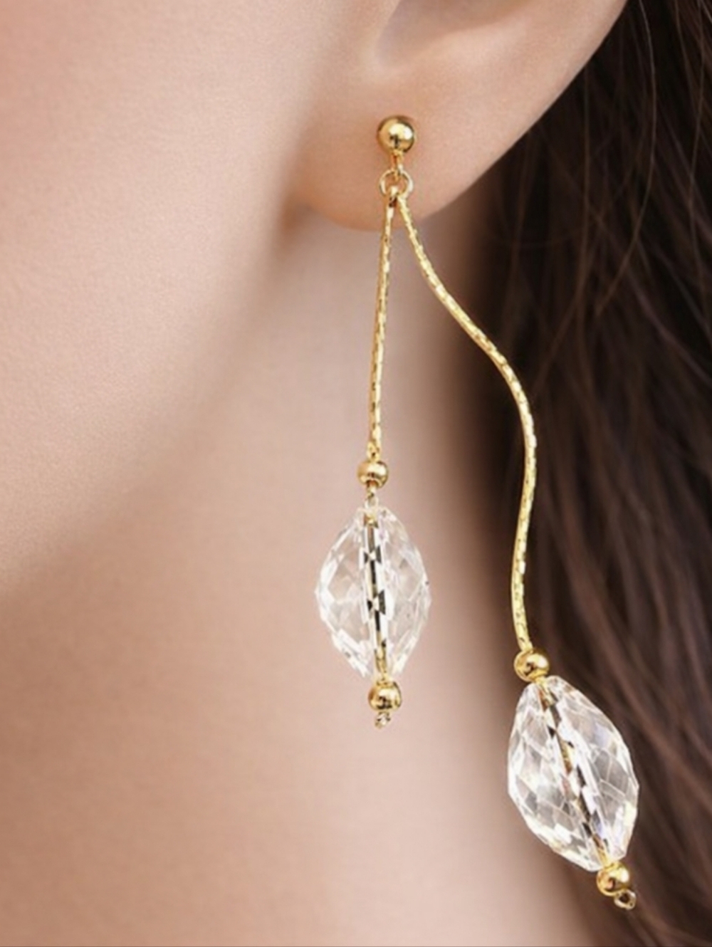 Clear Acrylic Beads Drop Earrings w/ Gold - Fringe Chain Dangle Fashion Jewelry